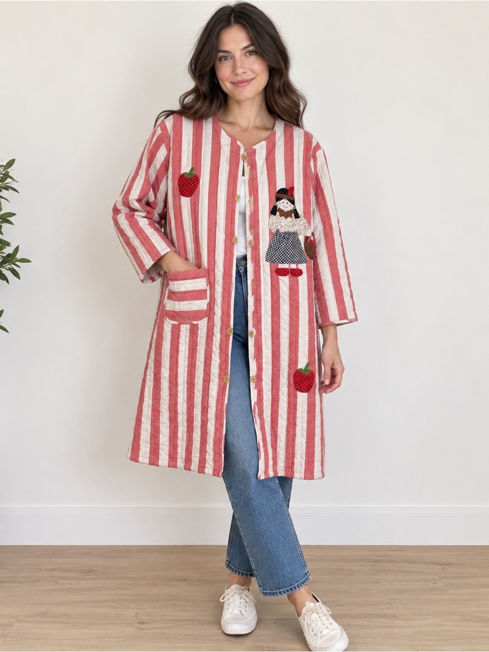 Vintage Aspen Classic Fashions Quilted Apple Folk Art Duster Coat